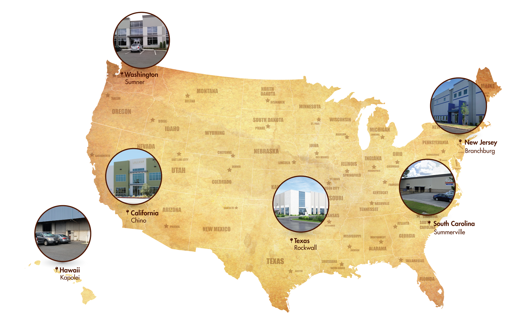 Map of America Showing our locations in CA, TX, WA, HI, SC and NJ 
